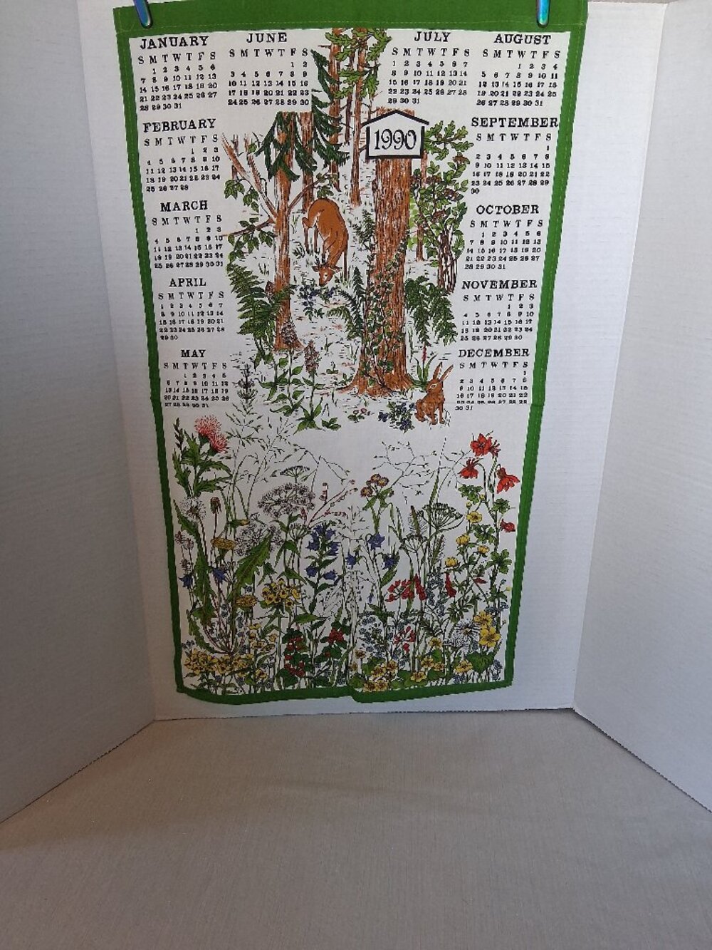 Vintage Calendar Tea Towel 1990 Woodland Animals Deer Rabbit wild flowers forest